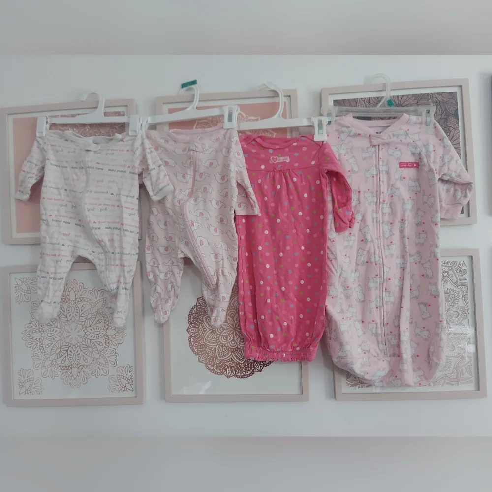 🎁 10/$25- Set of 4 sleep outfits, 0-3 months, baby girl,  pink